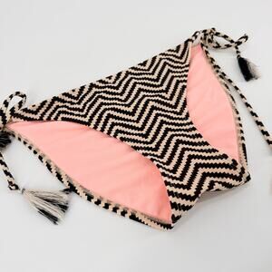 NWOT Xhilaration Chevron String Bikini Bottom Side Tie Tassels Black Beige L